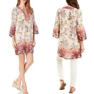 JOHNNY WAS Workshop Ombre Floral Flare Sleeve Embroidered Tunic Dress Medium